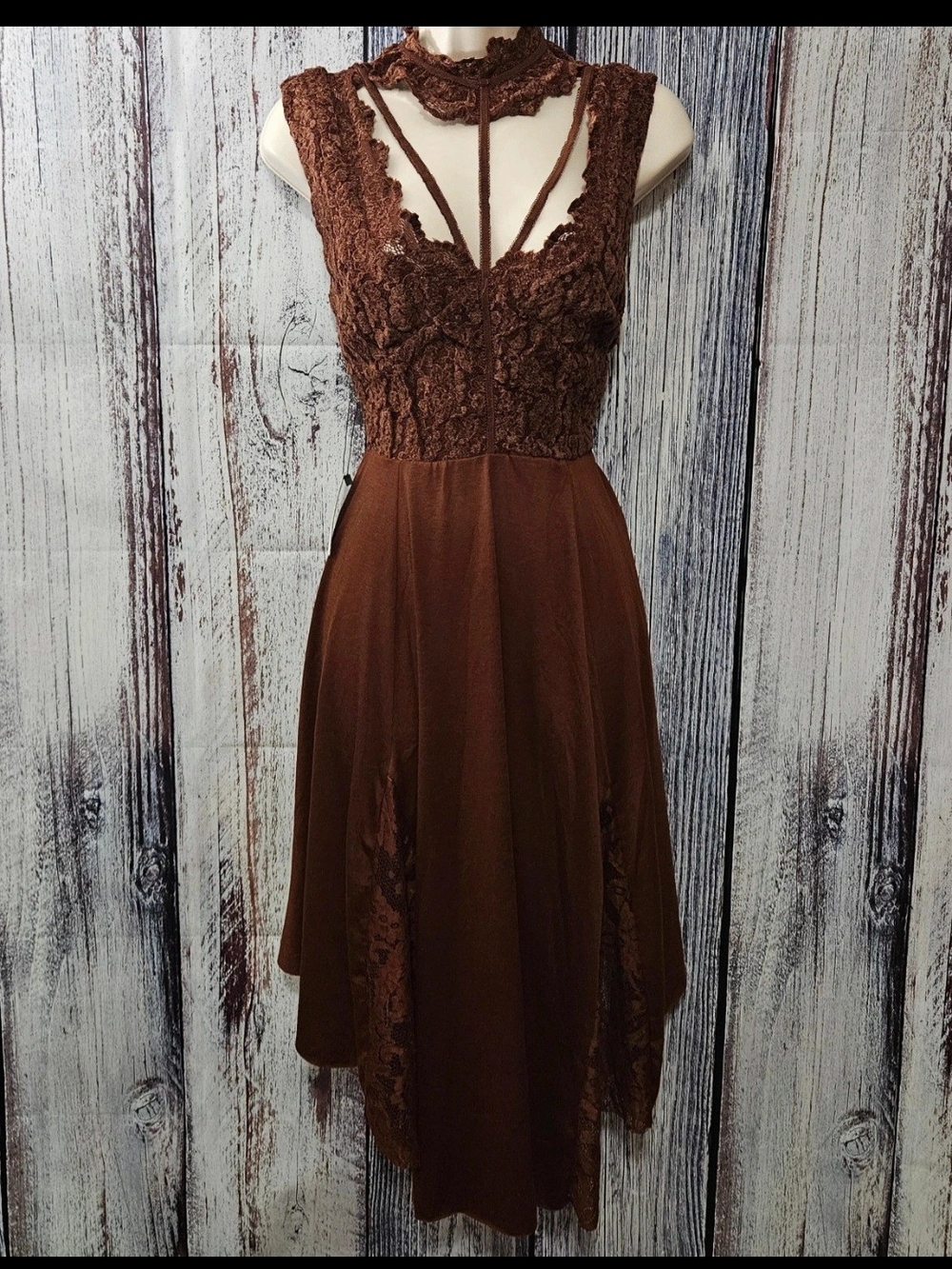 Joyfolie Brown Lace Midi Dress with Strappy Choker Detail - Picture 1 of 4